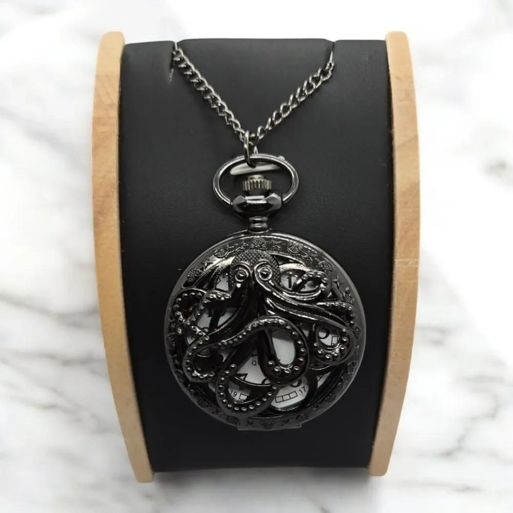 Kraken Octopus Pocket Watch Black Steampunk Pirate Nautical Quartz Chain Vintage